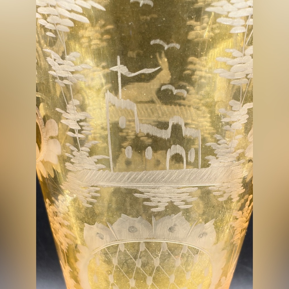 Vintage Bohemian Etched Yellow Pastoral Castle Rabbit Bird Landscape Glass Vase - Picture 10 of 16